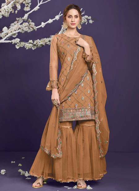 Brown Colour Latest Heavy Festive Wear Butterfly Net With Embroidered Sharara Collection 2023-B